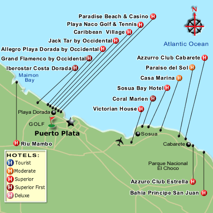 This map shows the resorts on the North Coast of Dominican Republic.